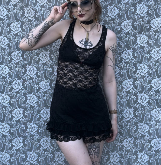 sheer black lace slip dress (S)