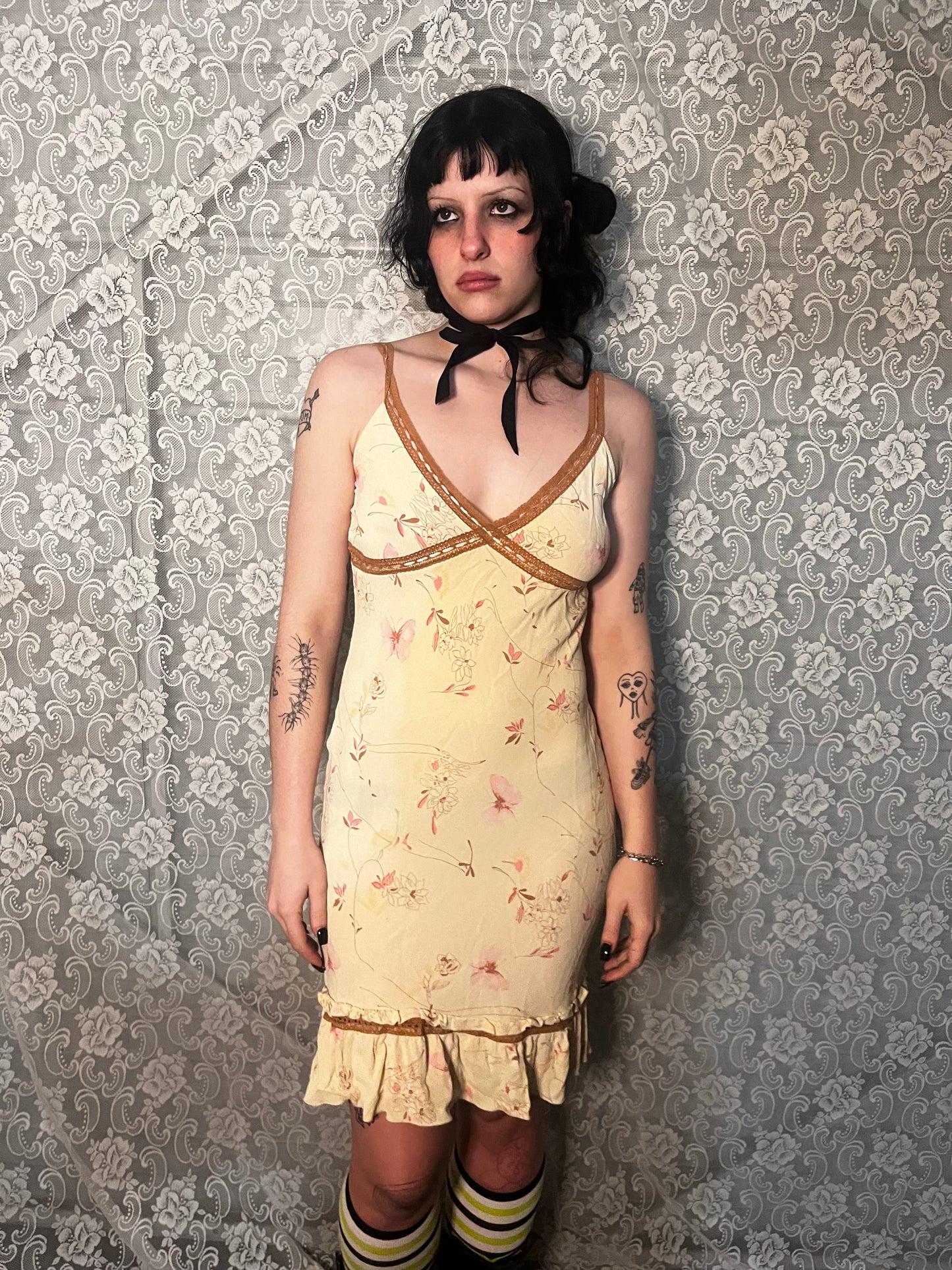 vintage 90s tan floral dress