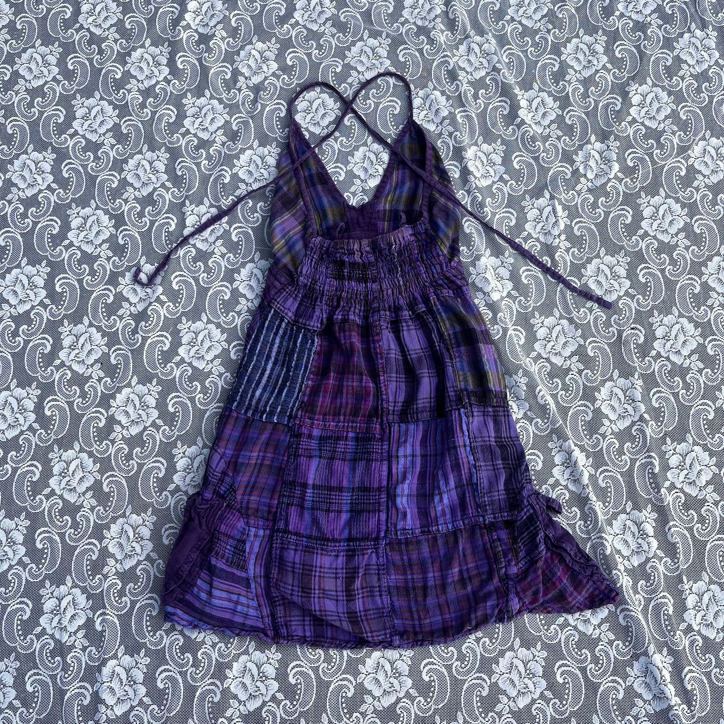 y2k purple plaid halter neck dress