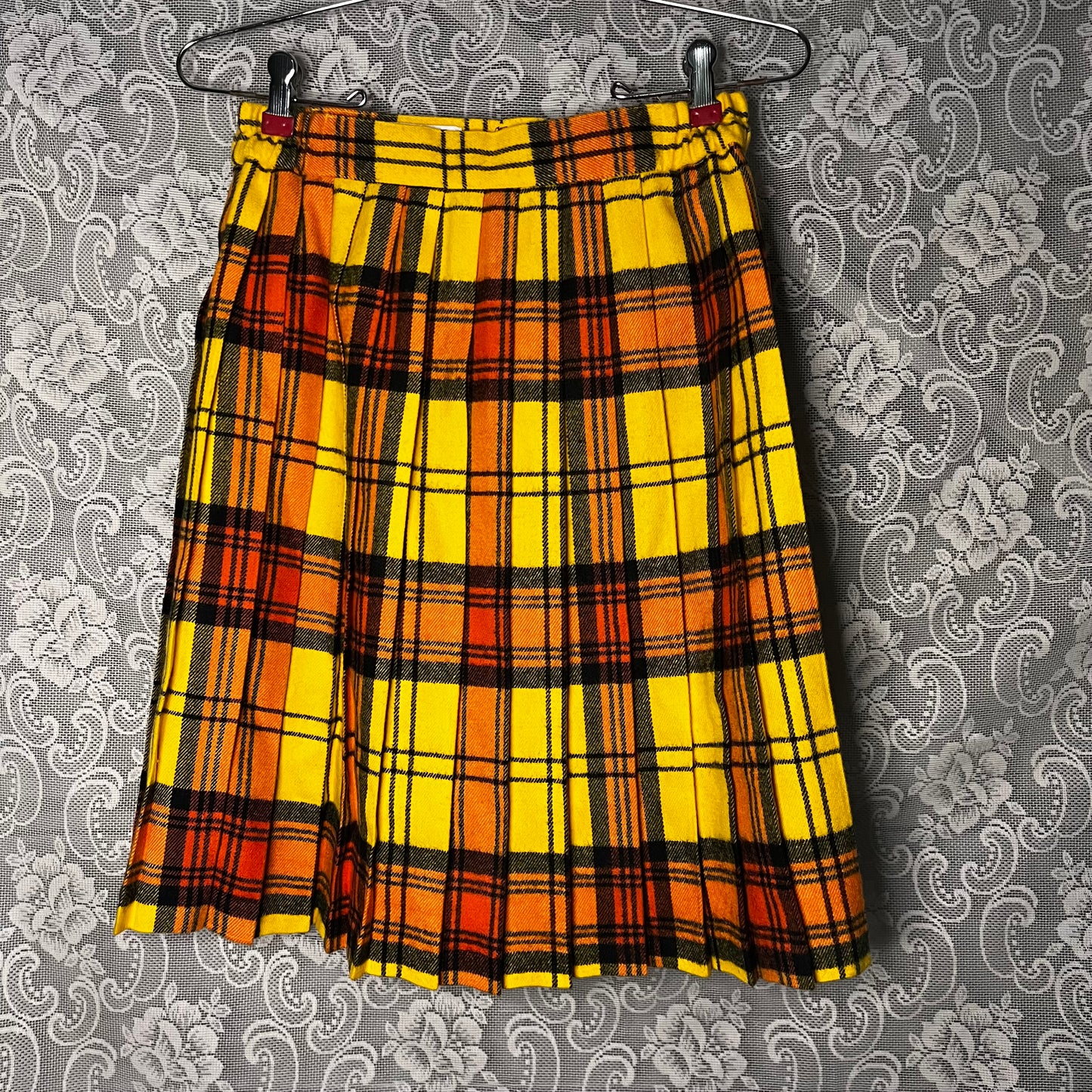 yellow and orange pleated wool plaid skirt