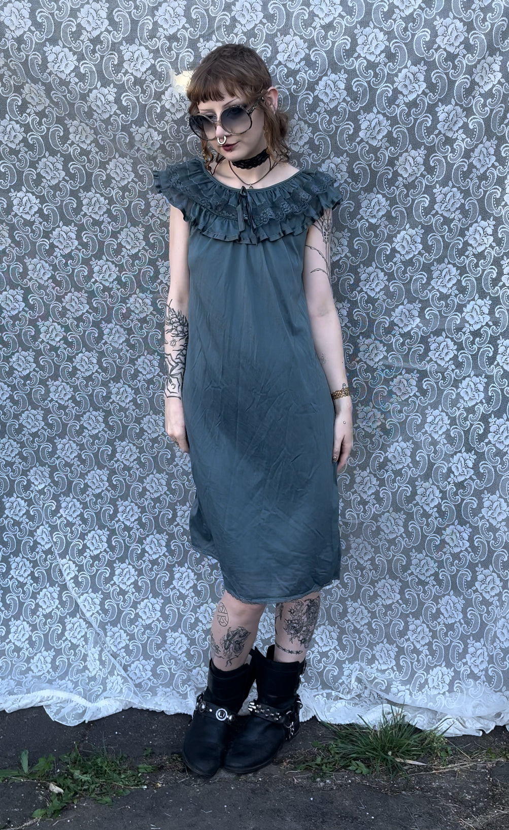 vintage grey hand dyed ruffle collar slip dress