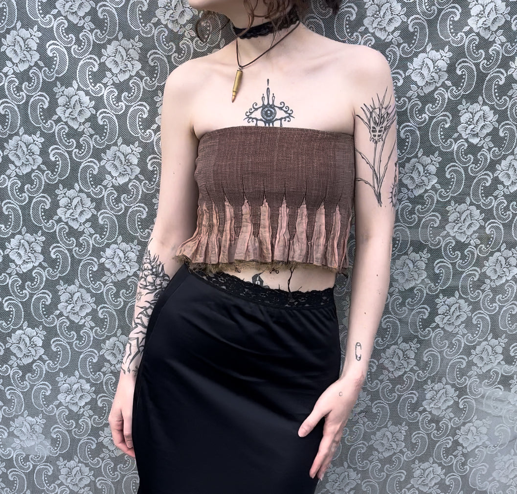 frayed pleated brown tube top