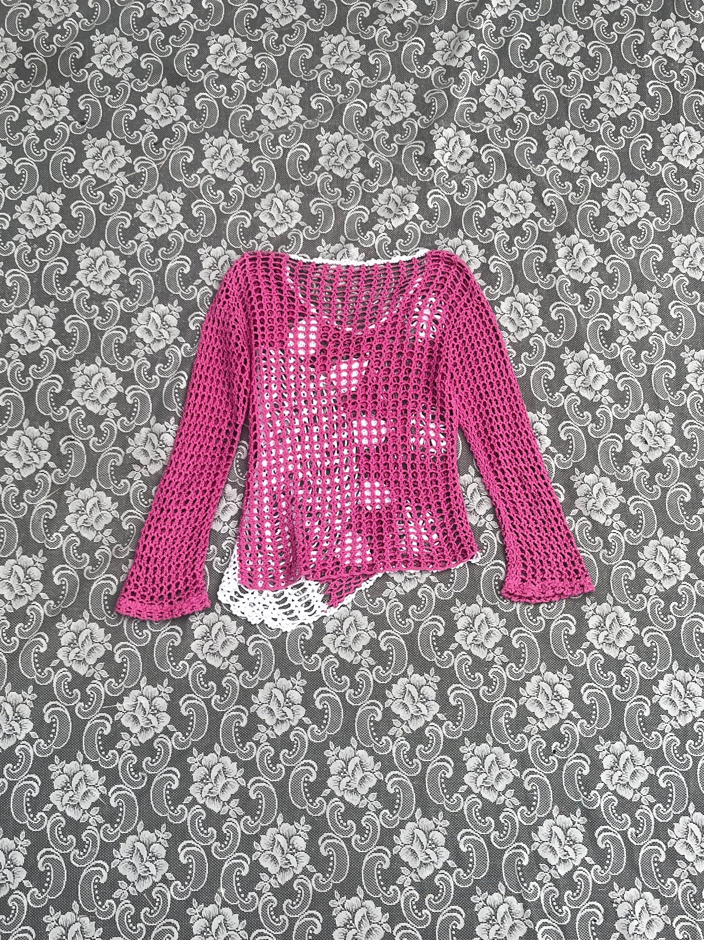 pink and white knit bedazzled long sleeve sweater top