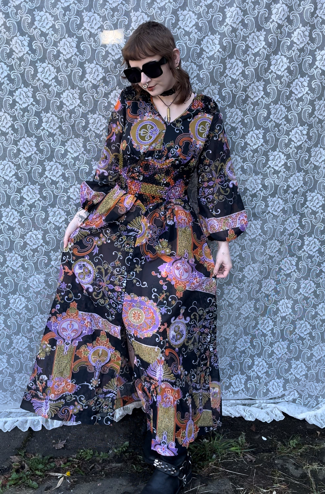 70s sheer paisley prairie dress