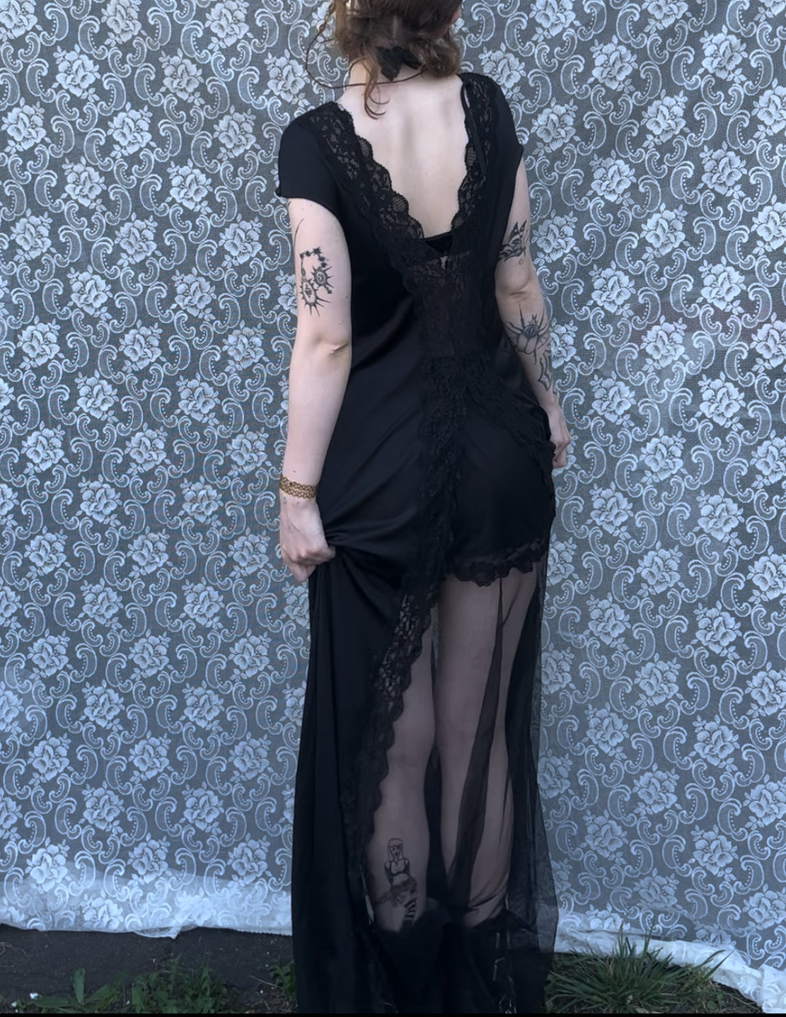 very long black sheer panel slip dress (as-is)