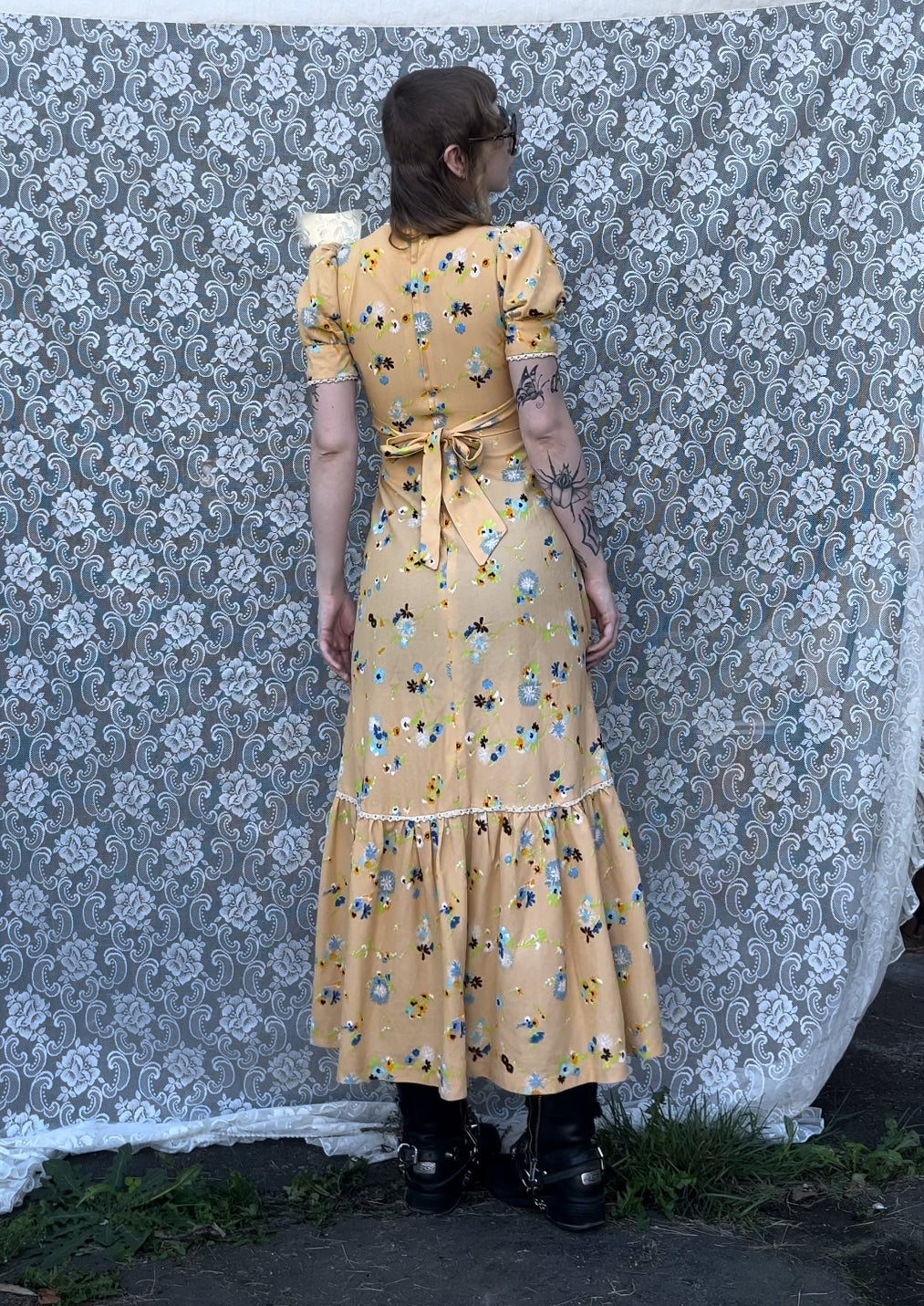 70s handmade pale orange floral prairie dress