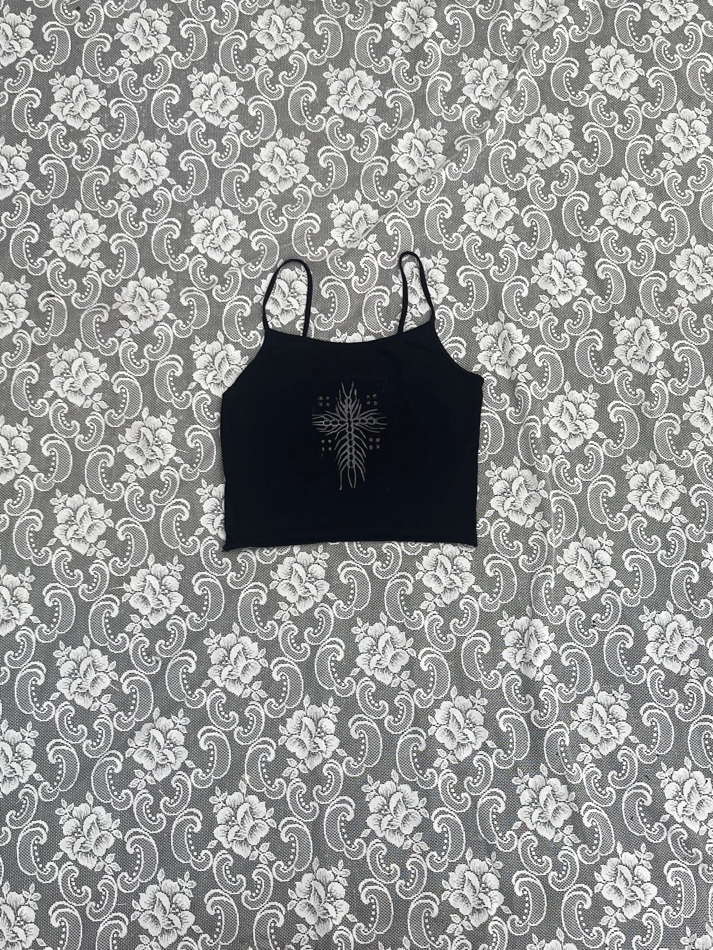 block printed centipede cross cropped spaghetti strap tank top