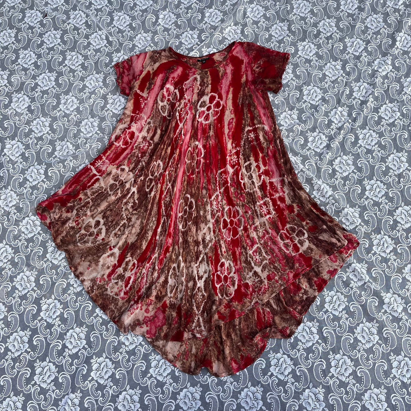 red bleach flower tie dye dress