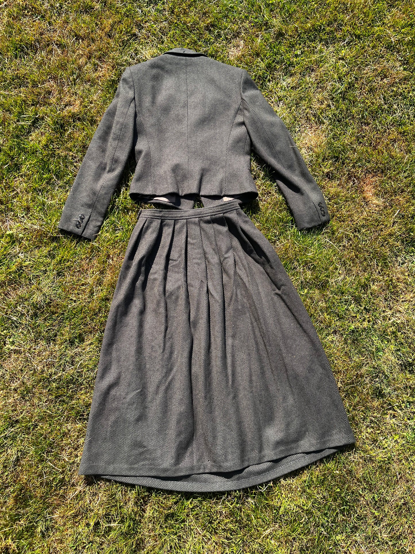 1960s wool green and black pinstripe 2 piece skirt and blazer set