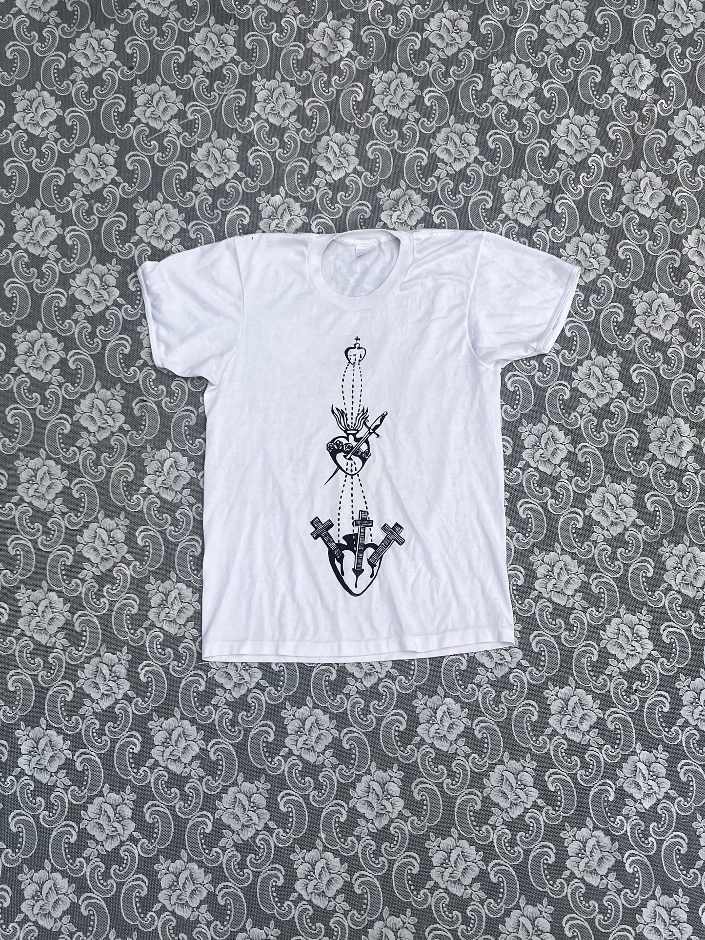 screenprinted sacred heart on white single stitch vintage tee