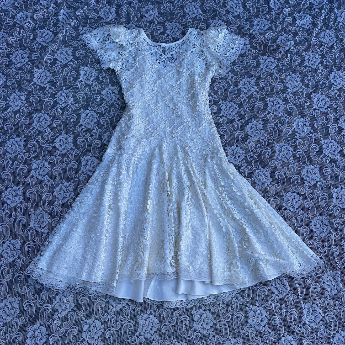 80s made in USA white lace drop waist formal dress