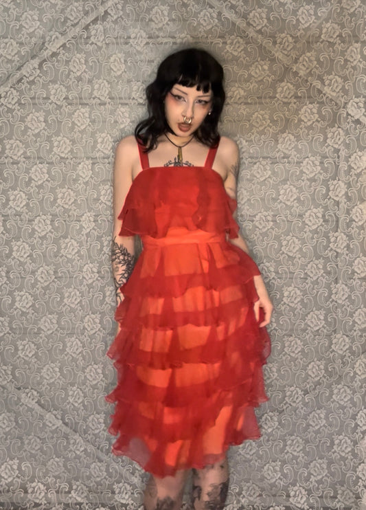 red ruffle cocktail dress