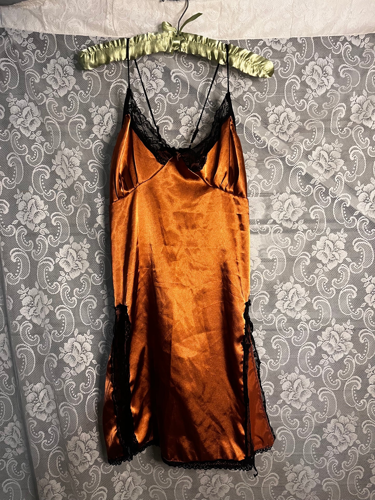 orange and black silky slip dress