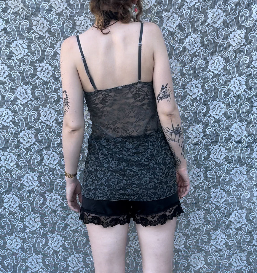 grey hand dyed stretchy sheer lace slip dress