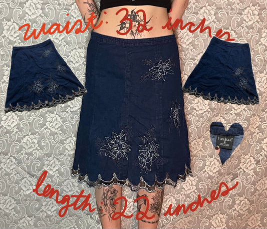 denim floral embroidered skirt