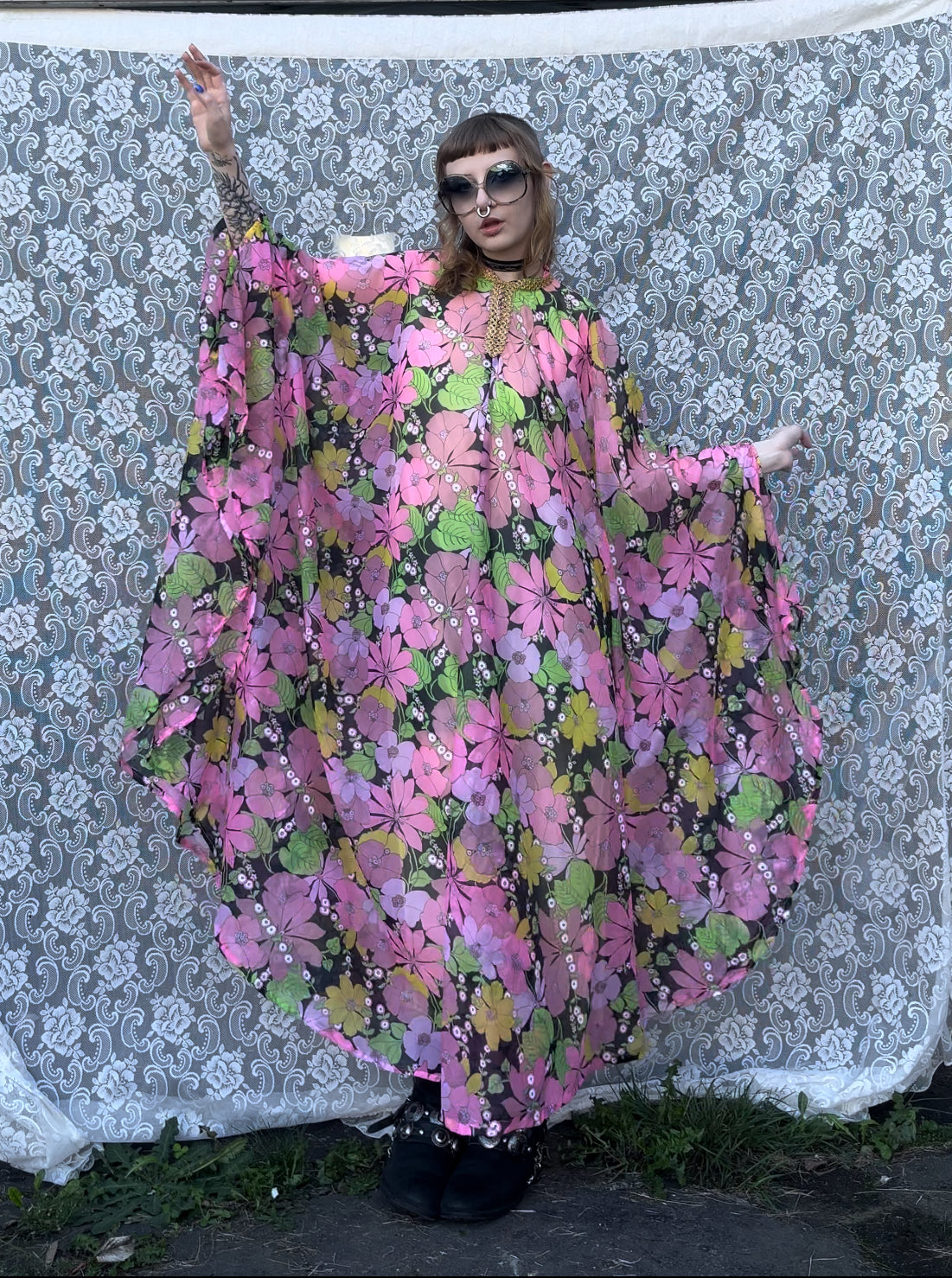 70s union made pink hawaiian floral poncho/robe dress