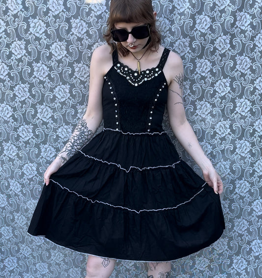 handmade bedazzled pearl black lace dress