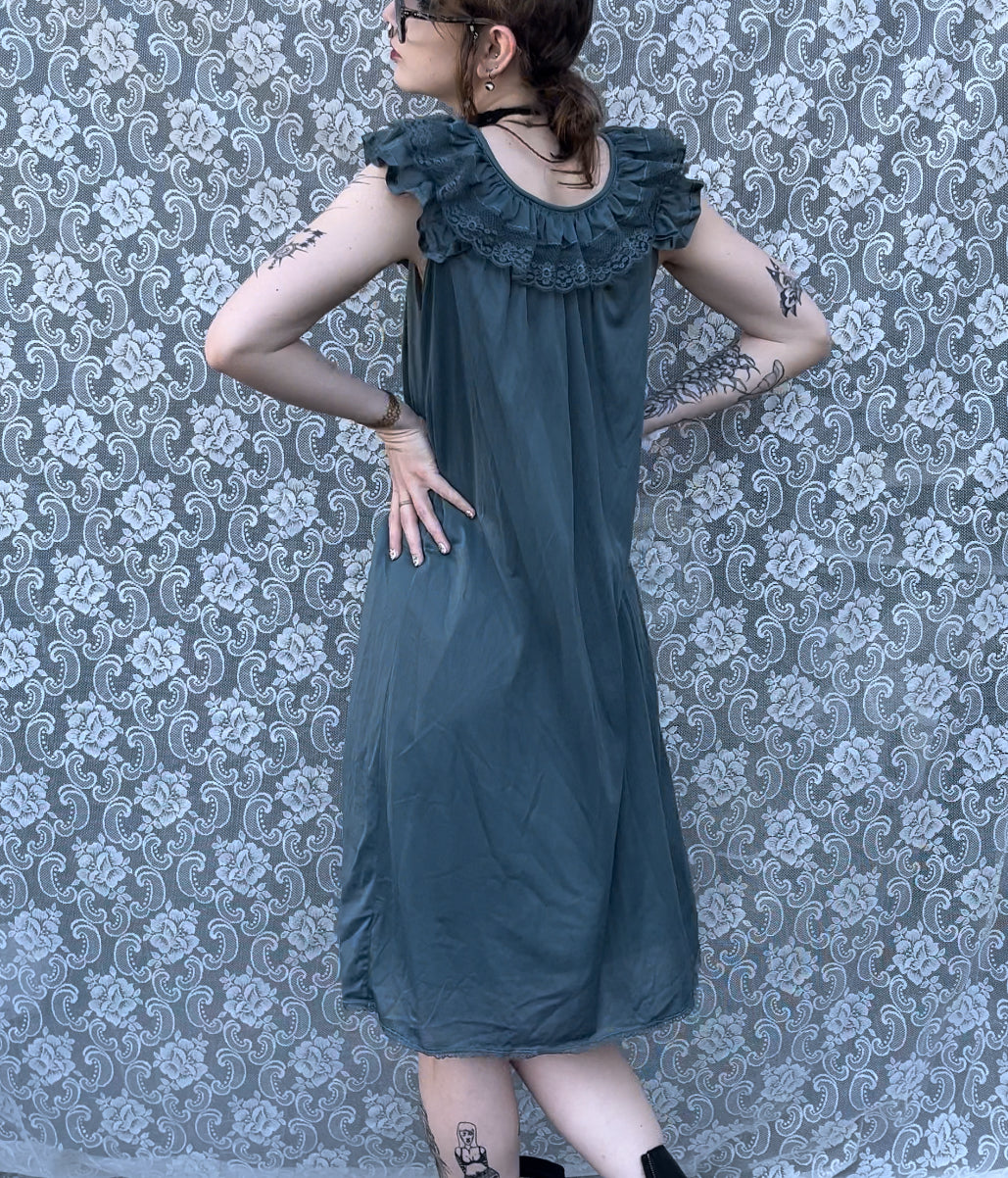 vintage grey hand dyed ruffle collar slip dress