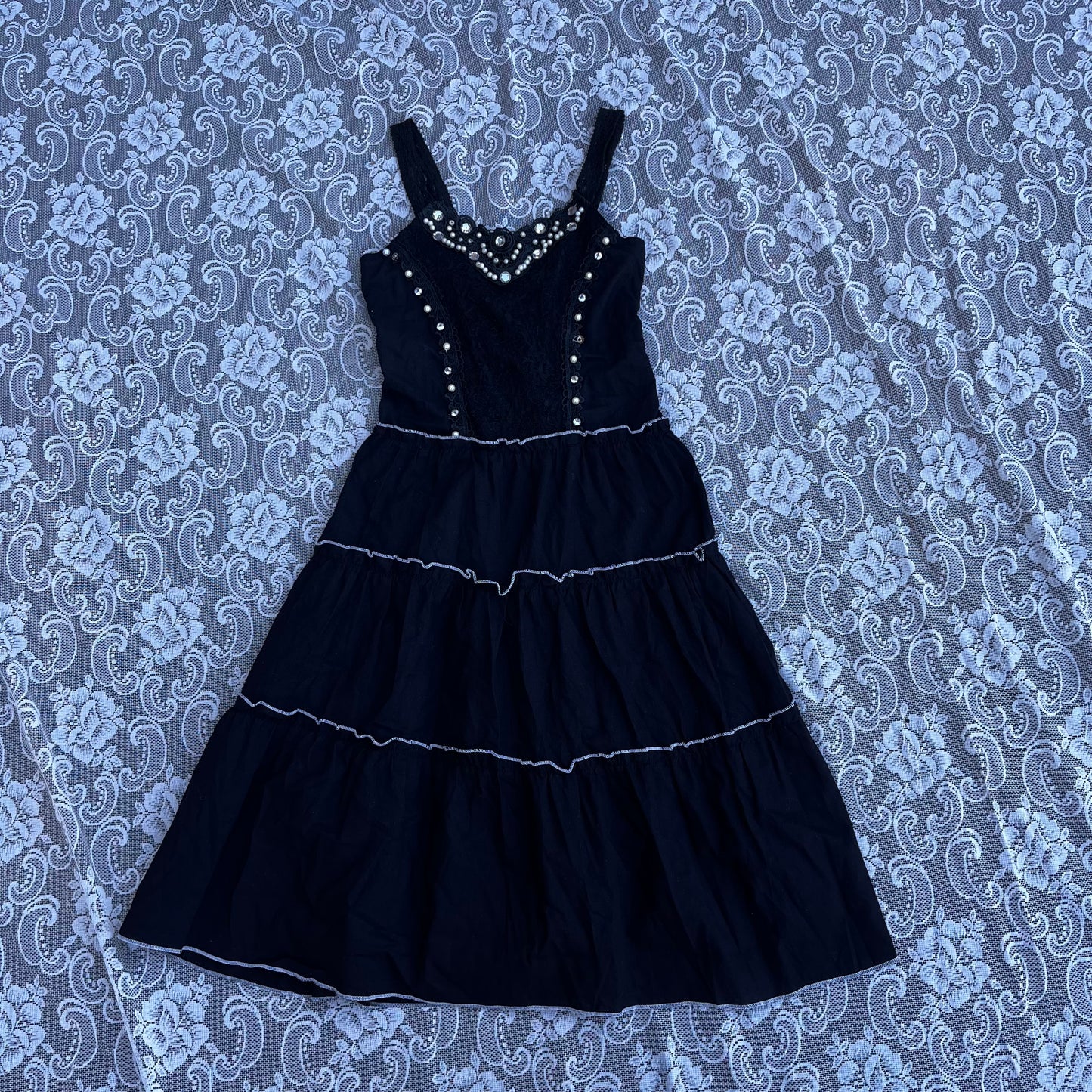 handmade bedazzled pearl black lace dress