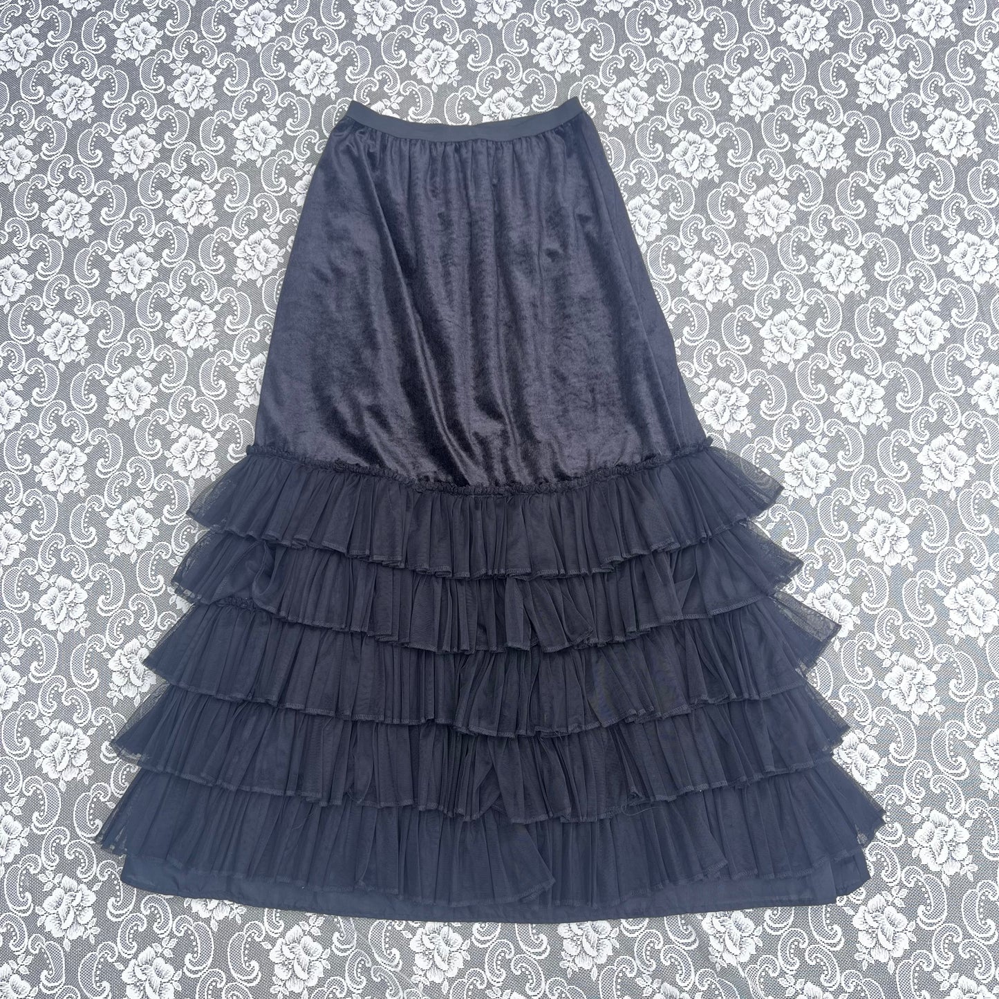 LONG ASF goth velvet n tulle frill maxi skirt