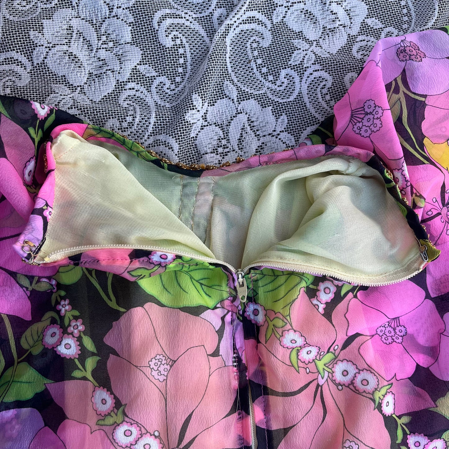 70s union made pink hawaiian floral poncho/robe dress