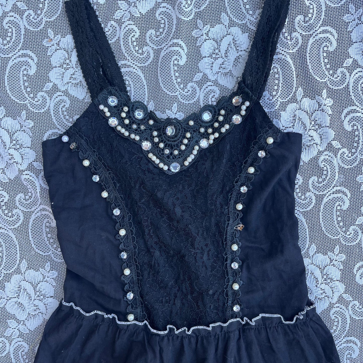 handmade bedazzled pearl black lace dress