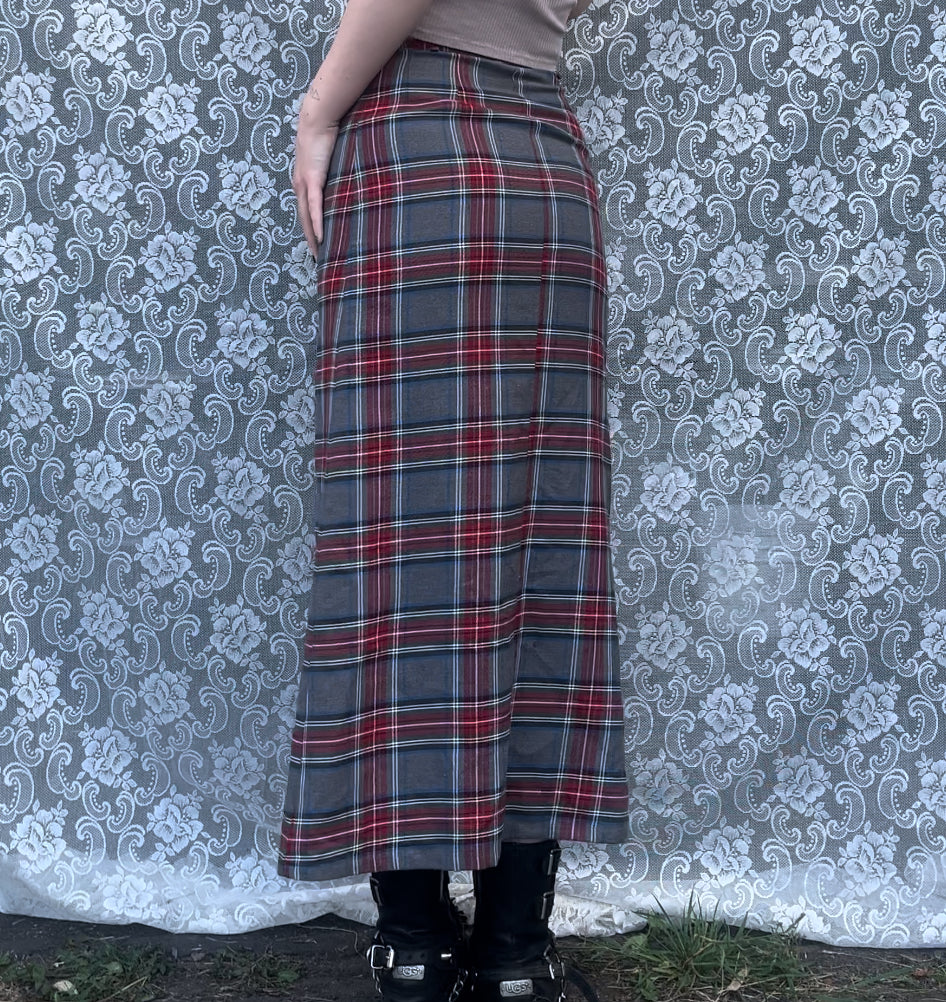 long grey n red plaid pencil skirt