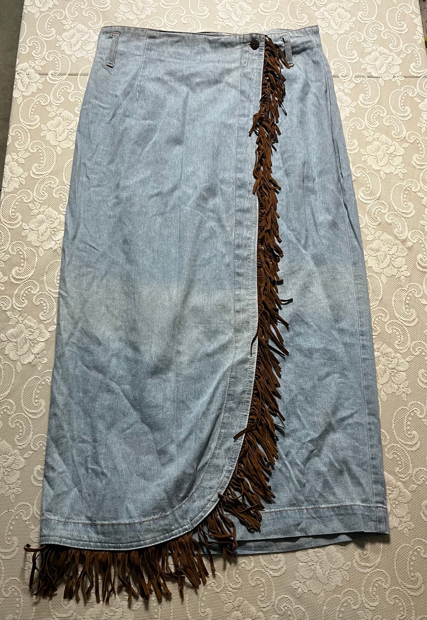 vintage denim fringe maxi wrap skirt