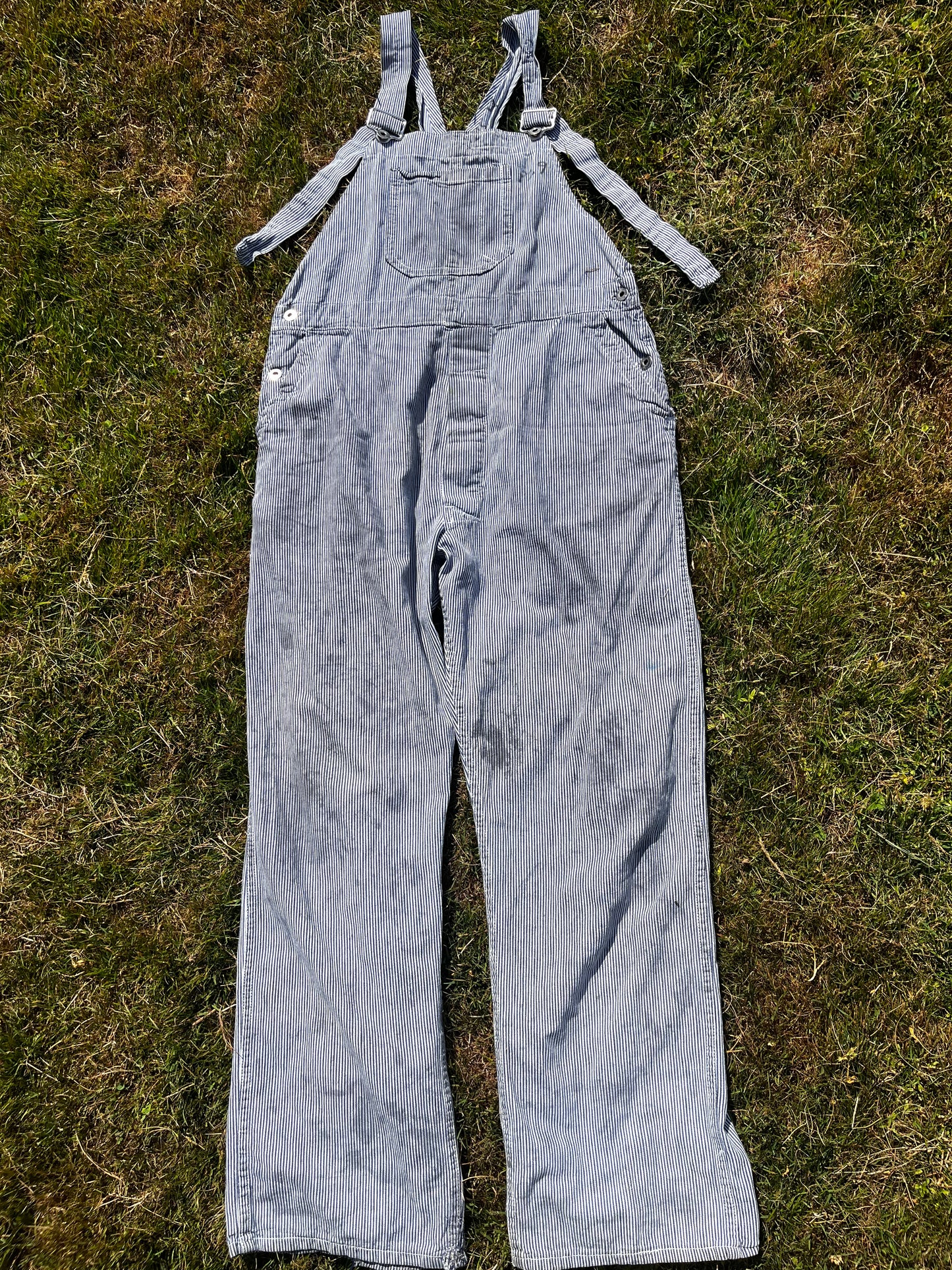 1950s hickory stripe distressed and mended overalls