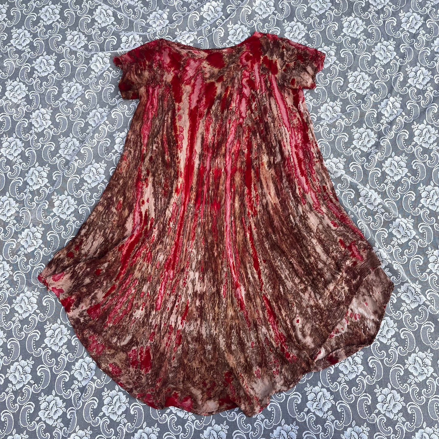 red bleach flower tie dye dress