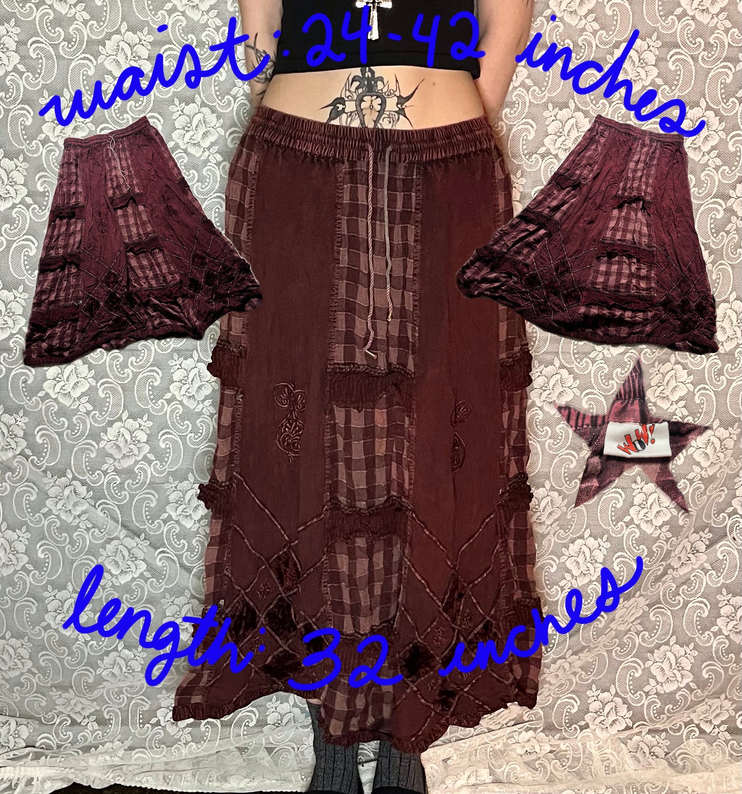 vintage plaid burgundy hippie skirt