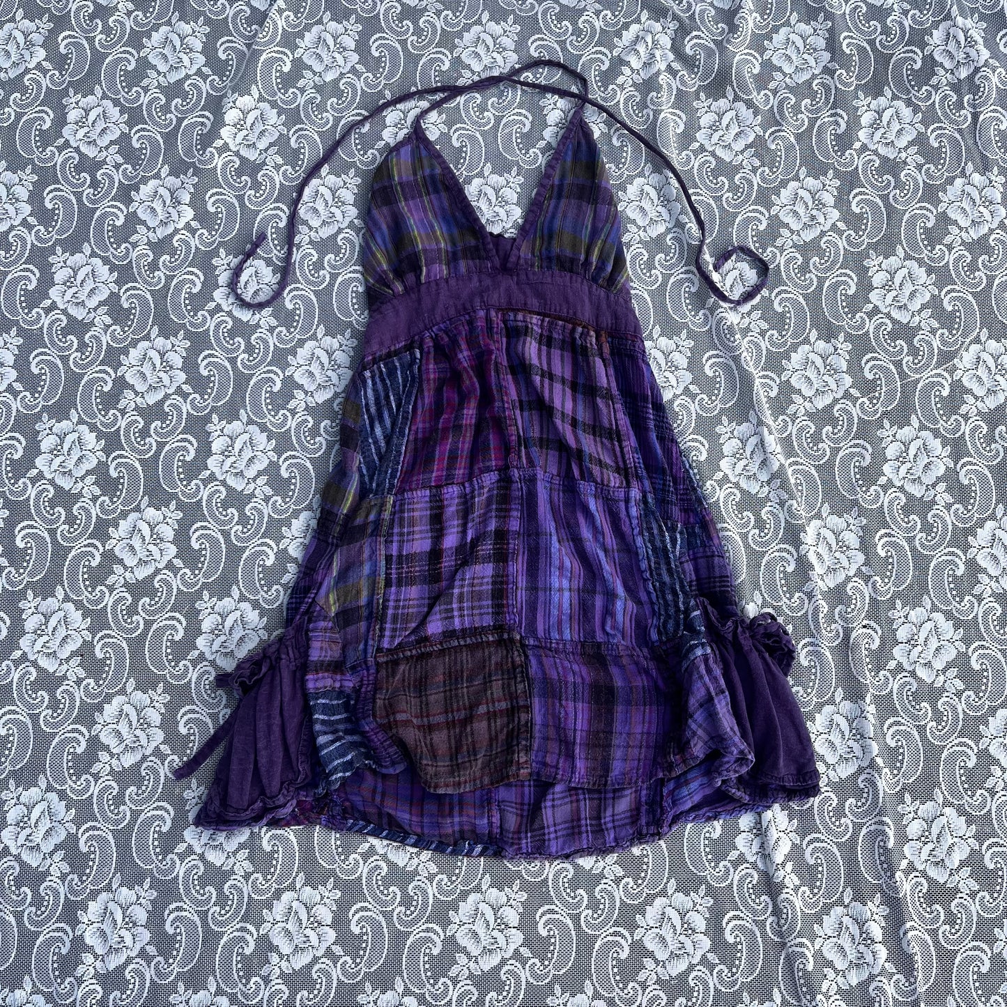 y2k purple plaid halter neck dress