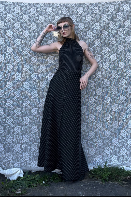 70s sparkly pinstripe black n silver halter neck maxi dress