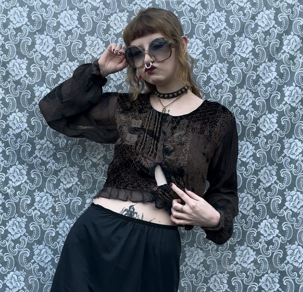 as-is brown velvet embroidered blouse