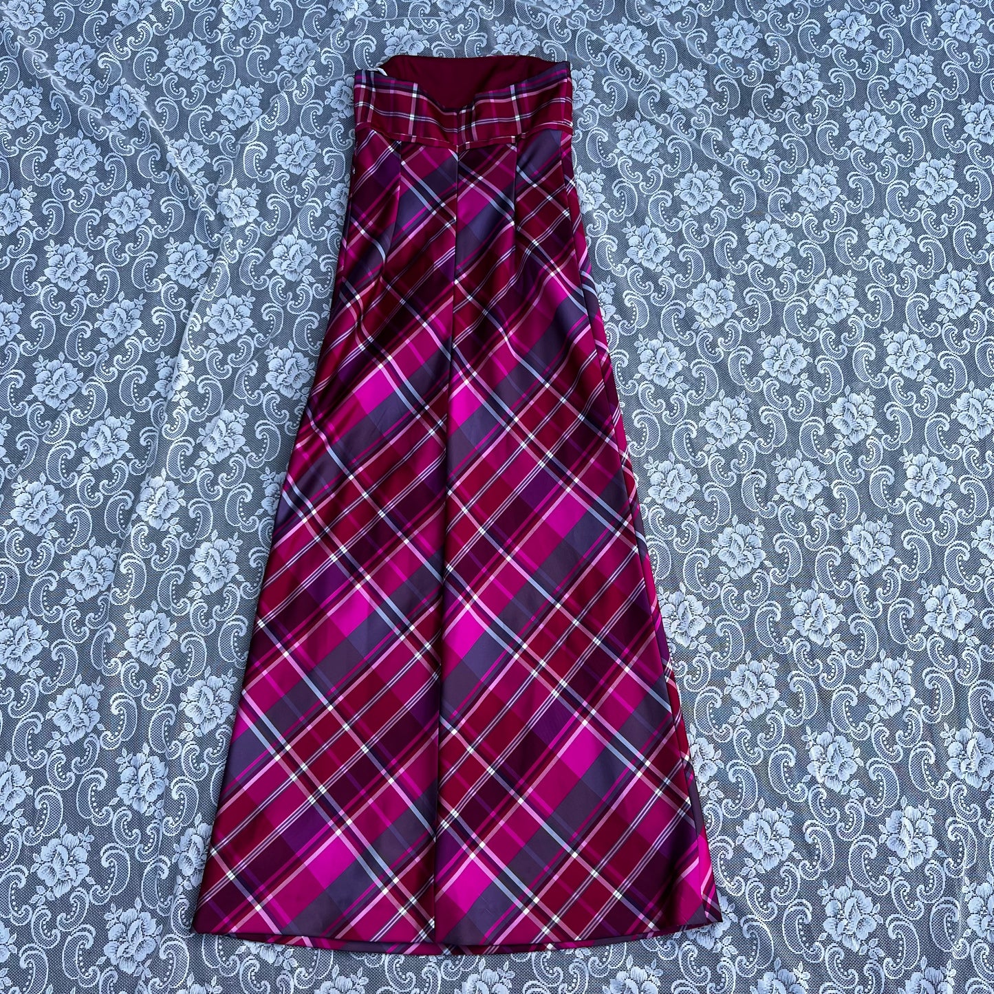 y2k hot pink plaid print strapless formal dress