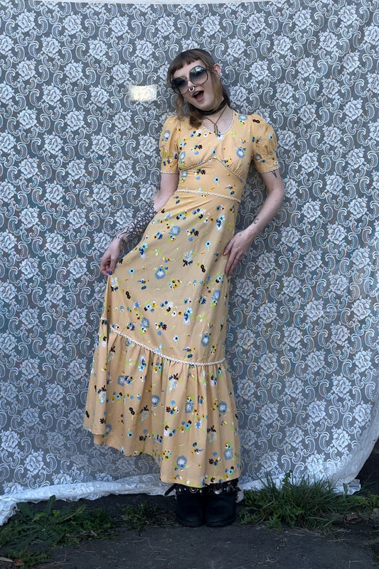 70s handmade pale orange floral prairie dress