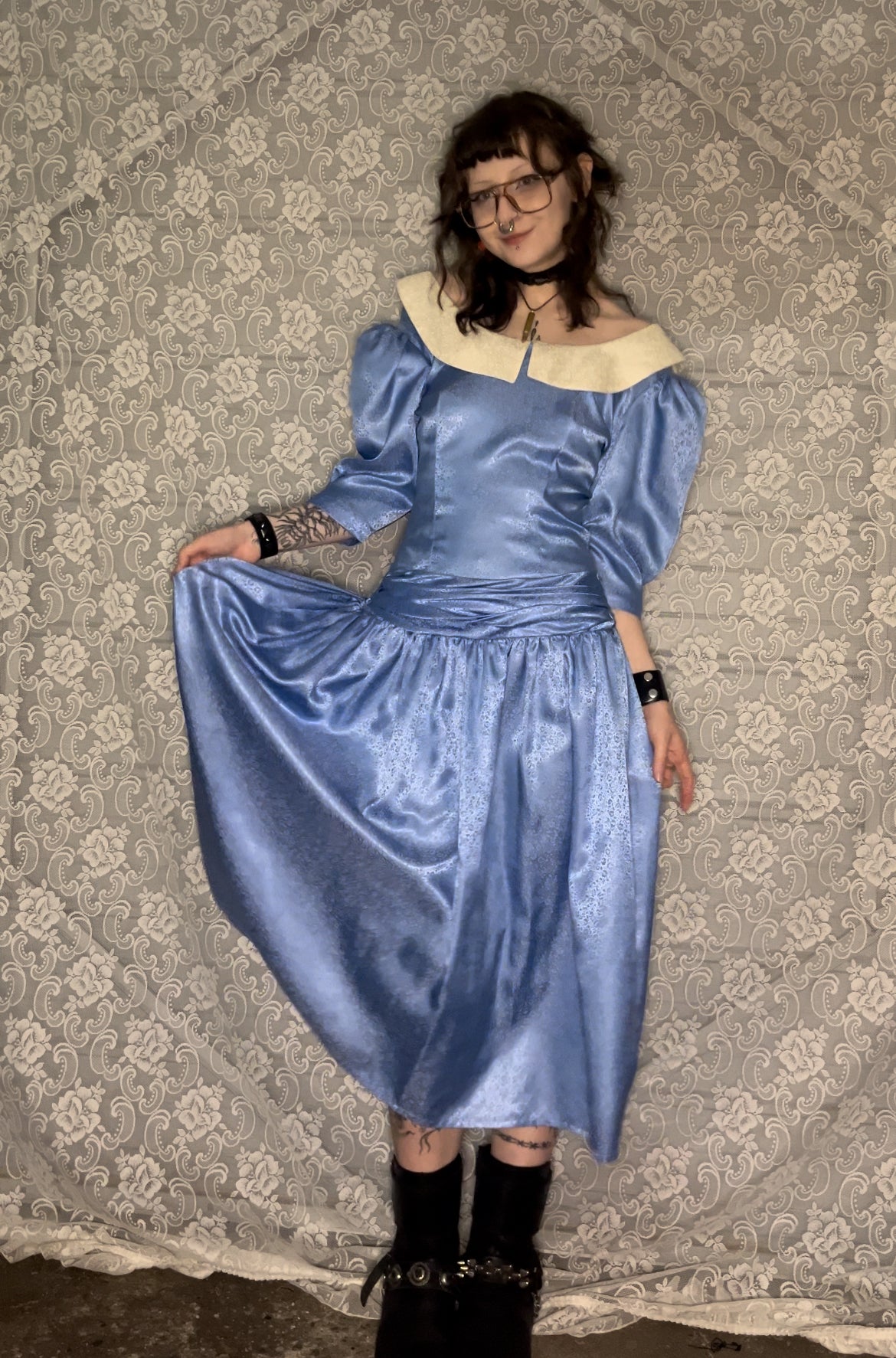 80s puff sleeve collared formal dress