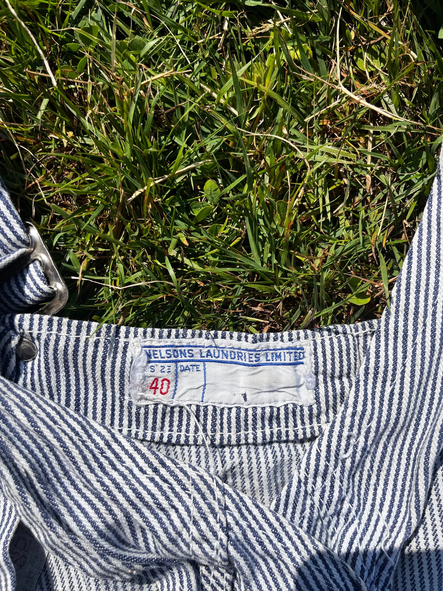 1950s hickory stripe distressed and mended overalls