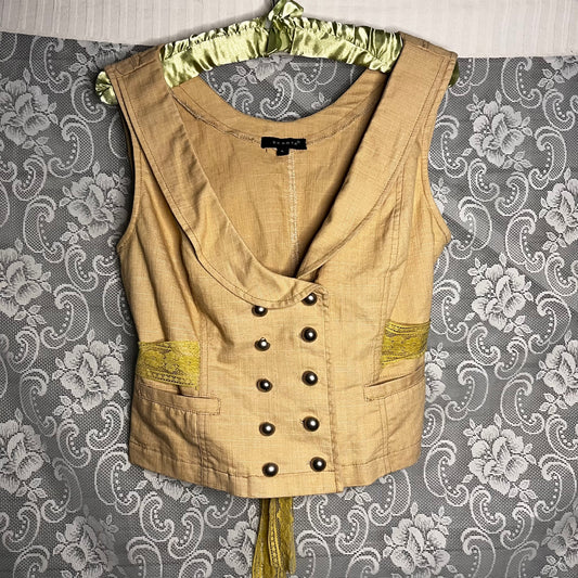 beige button-up + green ribbon vest