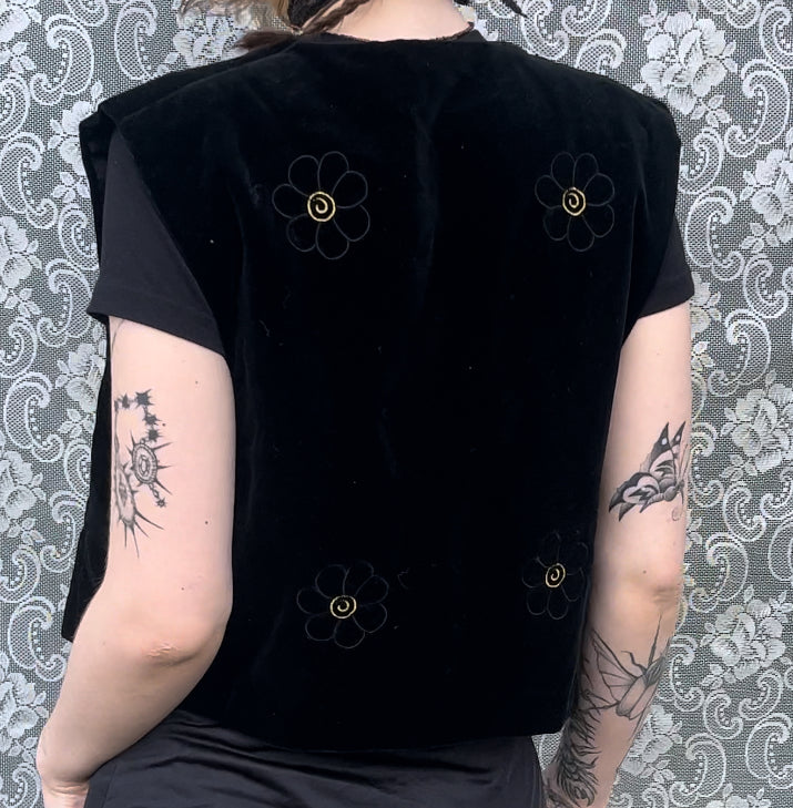 70s black velvet flower vest