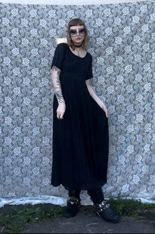 black embroidered crinkle skirt dress