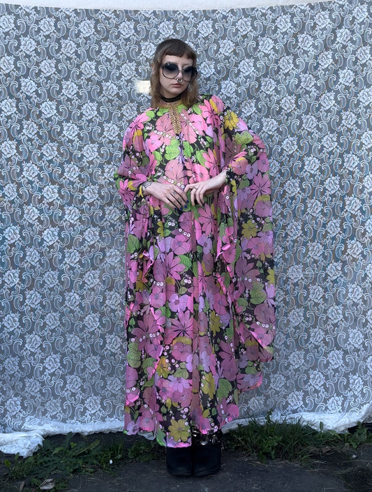 70s union made pink hawaiian floral poncho/robe dress