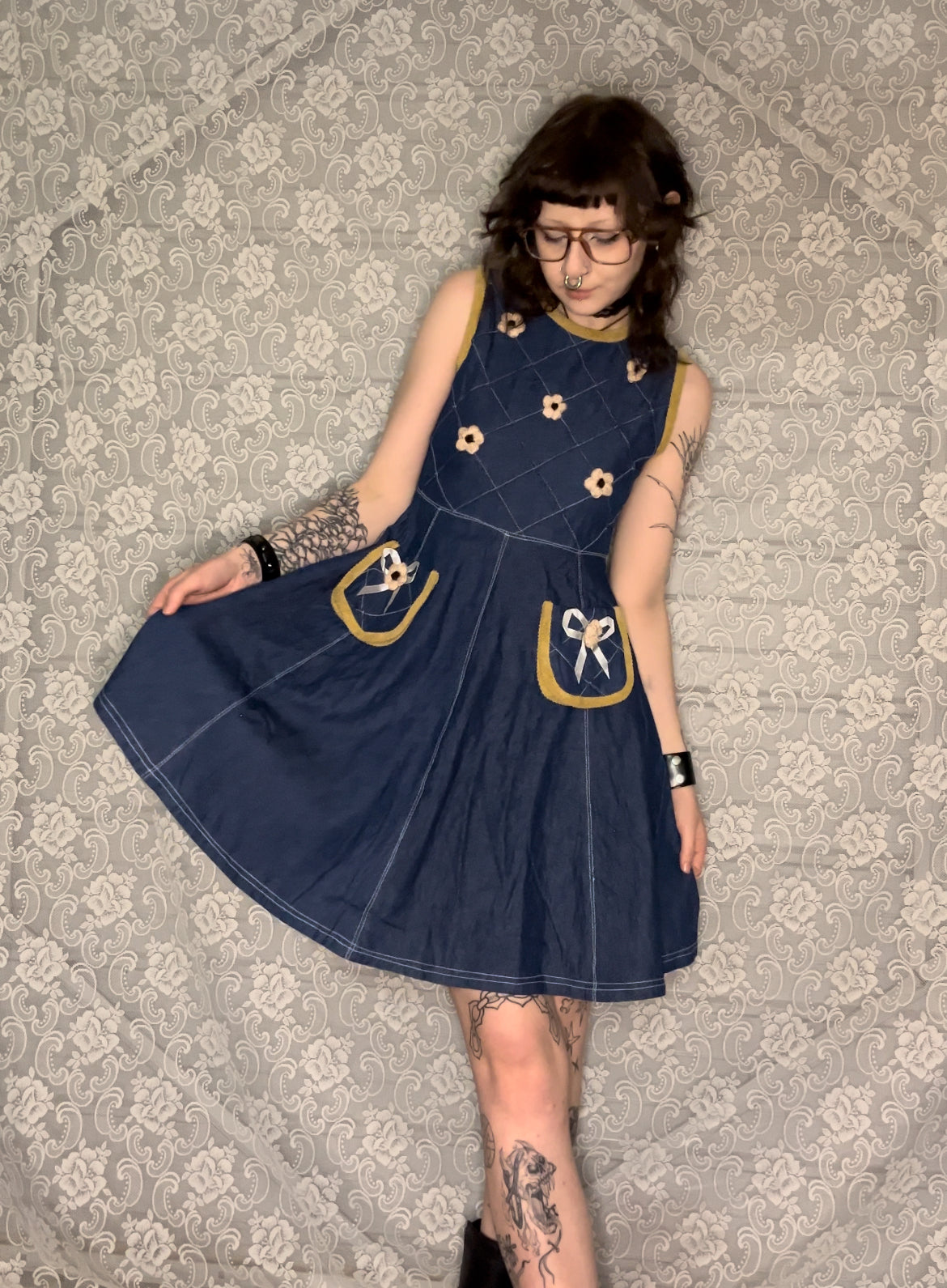 denim w/ knit flower dress