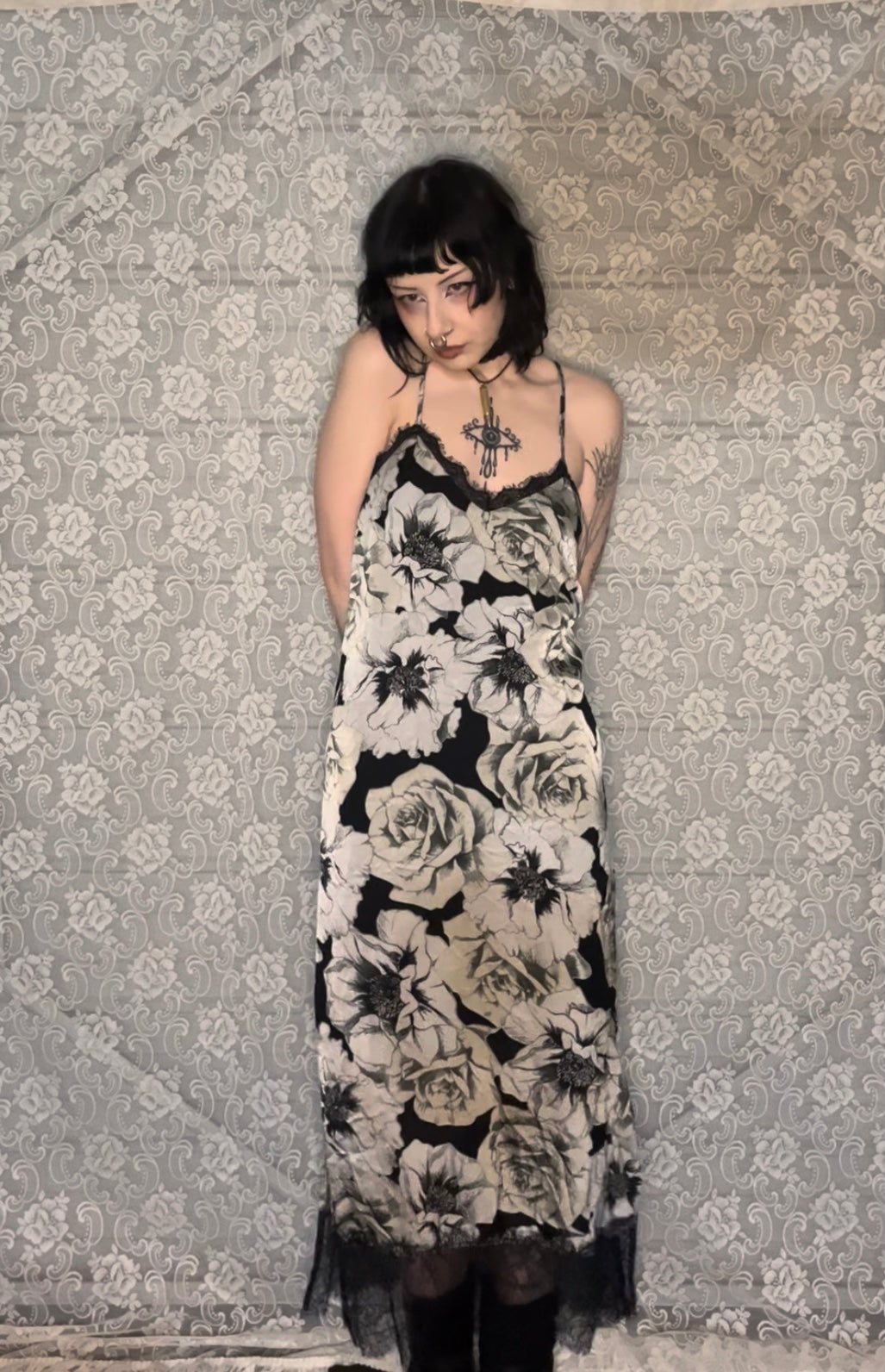 black n white floral formal slip