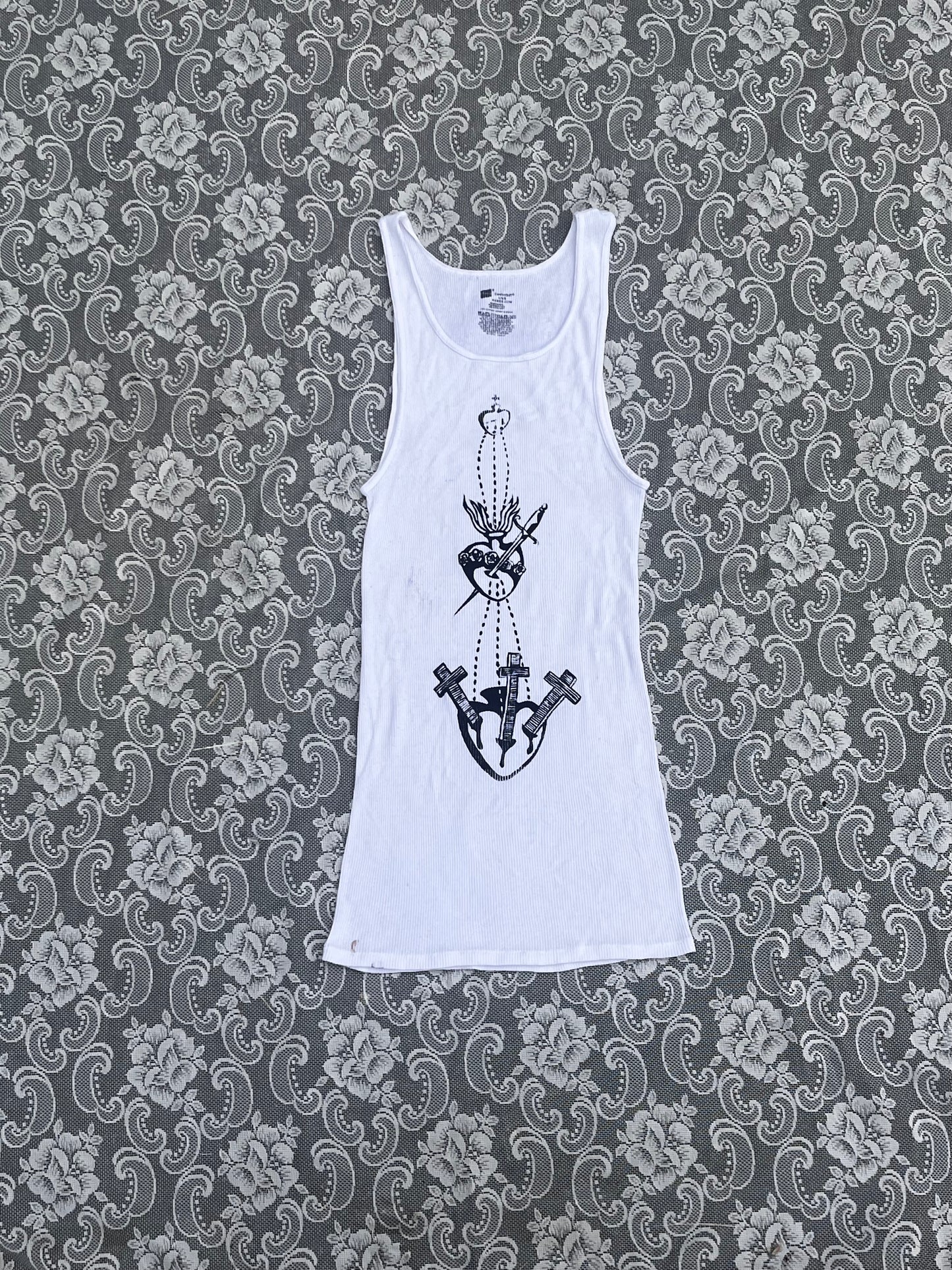 extra long screenprinted sacred heart white wife lover top