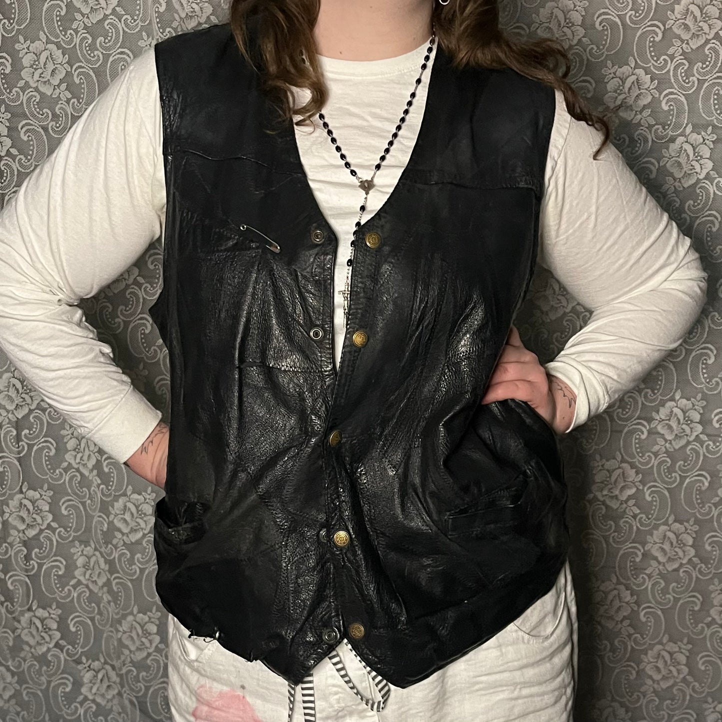 patchwork black leather vest