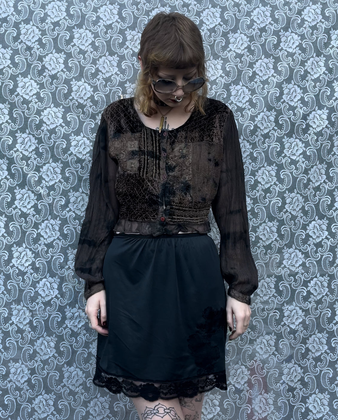 as-is brown velvet embroidered blouse