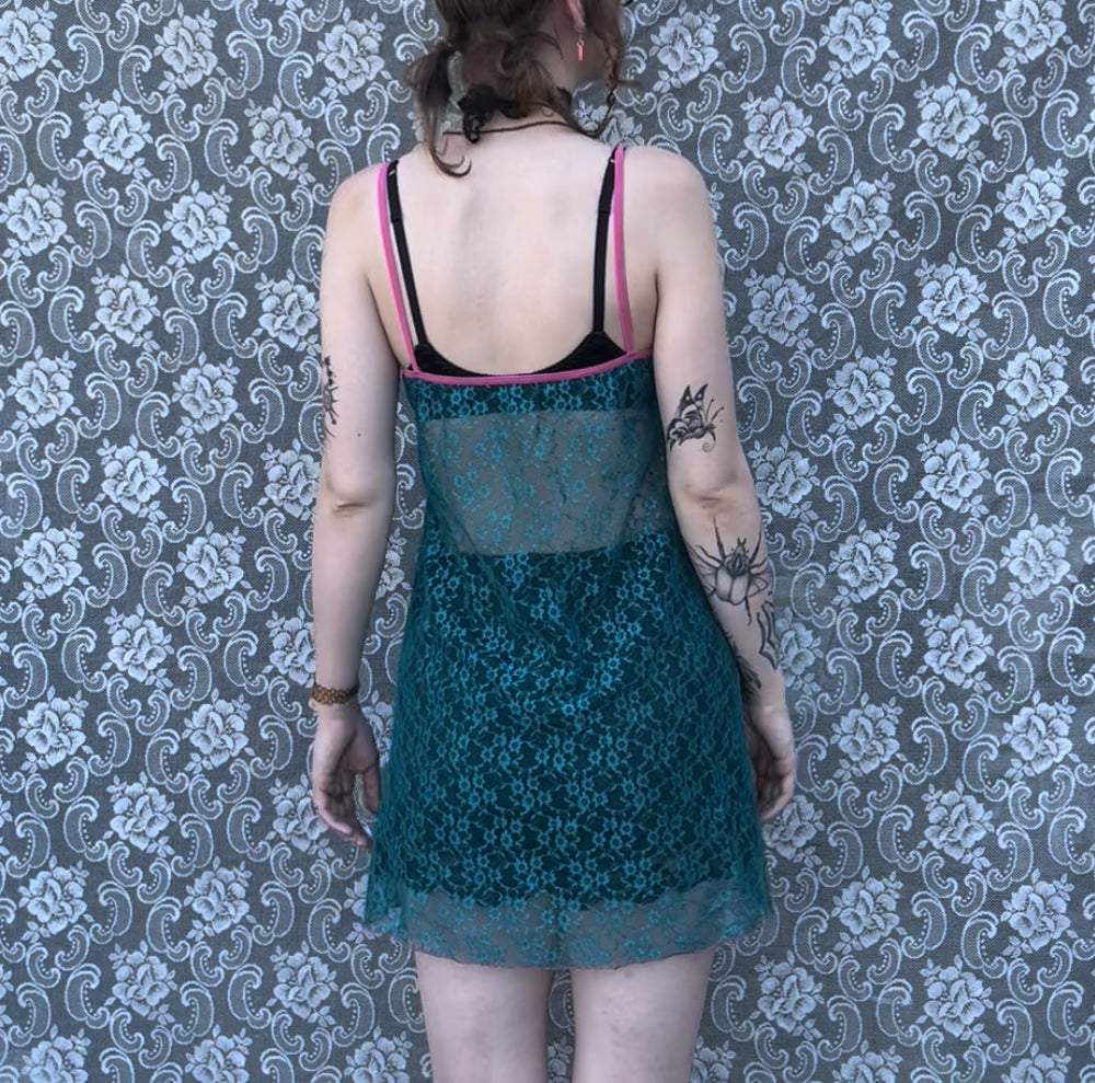 turquoise n pink sheer lace slip dress