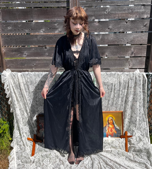 vintage long black lace trim robe