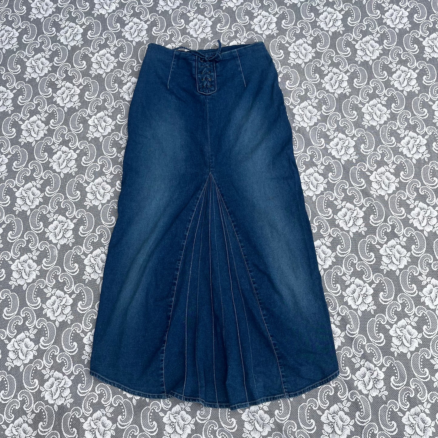 90s denim maxi skirt w/ lace up back